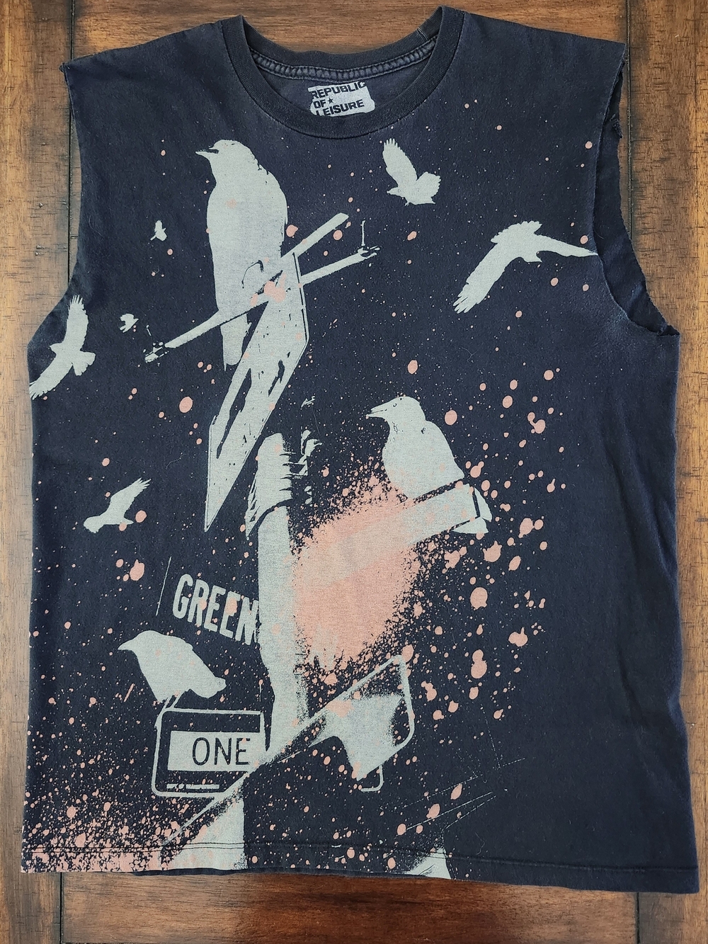 Republic Of Leisure Upcycled Black Graphic Muscle Tee Medium